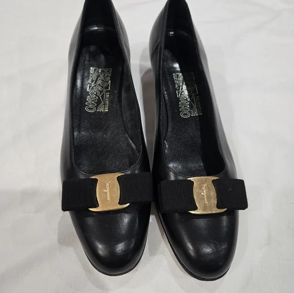 Salvatore Ferragamo Black Heels with Gold Buckle - Picture 2 of 8